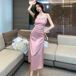 Casual Dresses 2024 Summer Temperament Gentle Water Diamond French Sexy Slim Fit Pure Desire Satin Sling Dress Elegant Long For Women