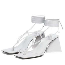 High 2024 Chunky Ladies Satin Leather Heel Sandals Solid Cross-tied Lace Up Peep-toe Square Toe Head Wedding Party Shoes Size 879