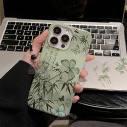 New Chinese style retro green bamboo butterfly suitable for iPhone 15 ProMax