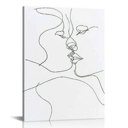 Canvas Painting Wall Mural Print Girls Kissing Line Art Print Lesbian Art Print Subtle Lesbian Pride Poster Living Room and Bedroom Home Decoration frame