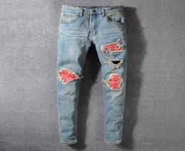 Mens Plated Ripped Blue Skinny Jeans Fashion Designer Distressed Slim Fit Motorcycle Biker Hole Beggar Hip Hop Denim Pants 5524580524