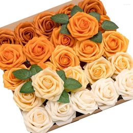 Decorative Flowers D-Seven Artificial 25/50PCS Sunshine Yellow Ombre Foam Roses With Stem For DIY Wedding Bouquets Flower Arrangments Decor