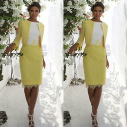yellow mother of the bride dresses with jacket knee length lace appliqued mother wedding guest dress jewel neck evening gowns 265q