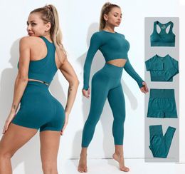 Sports Suits Wear Yoga Outfits Women Workout Clothing Ladies Exercise Clothes Long Sleeve Crop Tops Running Pants Seamless Legging8523096