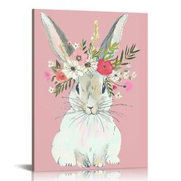 Cartoon Rabbit Wall Art Framed Canvas Prints For Nursery Bedroom Decor Cute Bunny Poster Painting Picture Ready to Hang Gift