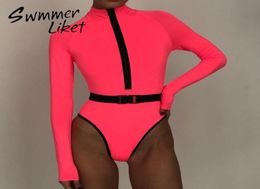 Long sleeve bikini Neon Pink Zipper bodysuits swimwear women Turtleneck swimsuit female High cut monokini biquini Y2003197274028