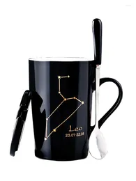 Mugs Ceramic 12 Constellations Creative With Spoon Lid Black Mug Porcelain Zodiac Milk Coffee Cup Drinkware Couples Gift