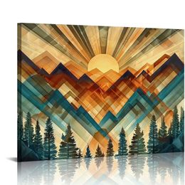 Mountain Canvas Wall Art for Home Decor - Boho Style Abstract Wood Grain Sun Mountains Forest Art Picture Print On Canvas HD Giclee Ready to Hang
