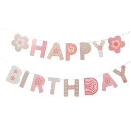 Banners Streamers Confetti Pink Flower Banners Garland Ins Style Happy Birthday Banners Birthday Party Decoration Kids Girl Baby Shower Hanging Flag d240528