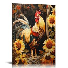 Chicken Rooster Canvas Wall Art, Rooster and Sunflowers Painting Picture Vintage Farmhouse Rooster Poster Print for Kitchen Dining Room Decor