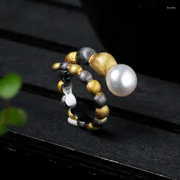 Cluster Rings Retro Thai Silver Pearl Ring Double Colour S925 Sterling Female Jewellery Factory Wholesale Open Ended
