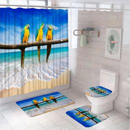 Shower Curtains Parrot Sea Beach Curtain Sets Non-Slip Rug Toilet Lid Cover Bath Mat Nautical Ocean Bird Animal Scenery Bathroom