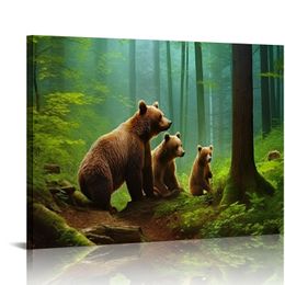 Brown Bear Wall Art for Kids Room, PIY Cute Animal Canvas Painting of Mother and Cub in Old-Growth Forest Picture, Adorable Family Wildlife Decor