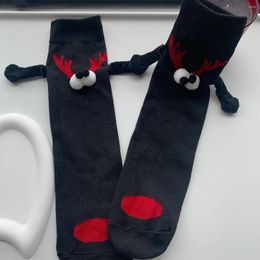 Women Socks CHAOZHU Pair Black Santa Claus's Elk Cute Built-in Magnet Holding Hand Magnetic Suction Creative Gift Unisex Christmas