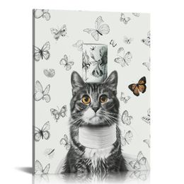 Toilet Paper Prints - Cute Cat Bathroom Pictures Wall Decor - Funny Black and White Bathroom Decor Wall Art, Canvas Wall Art Home Decor for Bathroom