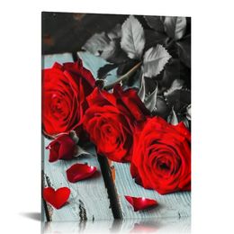 Canvas Wall Art Red Rose Painting Bathroom Accessories,Black and White Wall Art Flower Pictures Canvas Print Artwork for Living Room Bedroom Home Decorations