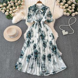 French Elegant and Elegant Dress Summer Womens Lace up Bow Neck Slim Fit Long Swing Chiffon Vacation Skirt