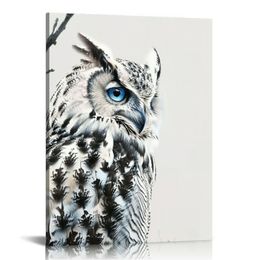 Blue Eyed Owl Wall Art Poster Painting Black and White Decor Nordic Canvas Picture Modern Print Animal Bird Living Room Decor