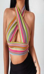 Rainbow Striped Cross Halter Knit Tank Top Women 2021 Summer Sexy Backless Crop Top Sleeveless Club Knitted Vest9421157