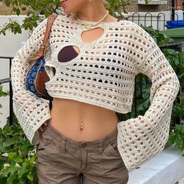 Women's Blouses Womens Y2k Cover Up Hollow Out Long Flared Sleeve Crochet Knitted Crop Tops Boho Tee Loose T Shirts For Teen Girls
