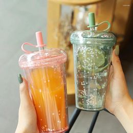 Cups Saucers 420ml Reusable Boba Cup Smoothie Bubble Tea With Straw Insulated Eco-Friendly Iced Drink Kit Clear Couple Stars