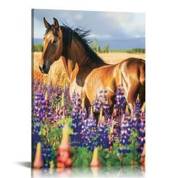 Wall Art Canvas Prints - Purple Lavender and Horse Picture Painting - Modern Wall Artwork Framed for Gifts Bathroom Home Kitchen Office Decor