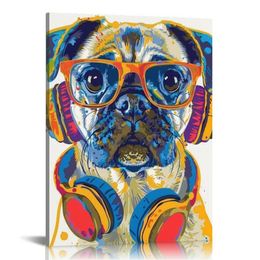 Pug French Bulldog Wall Art - Funny Dog Canvas Poster für Zimmer - farbenfroher Welpe mit Hörphone -Bildern gerahmt bereit zum Hängen