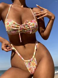 Women's Swimwear Sexy Micro Bikini Swimsuit 2024 Woman Floral Thong Bikinis Sets Brazilian Women Bathing Suit Beach Bandeau Biquini