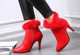 Yeni Varış Özelleri Süper Moda Akını Özel Martin Cowgirl Güzel Kış Tavşan Kırmızı Stiletto Topuklu Ayak Bileği Boots E1302635