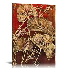 Golden Ginkgo Leaf Canvas Wall Art Abstract Plant Leaves Paintings Pictures Modern Red Home Bedroom Bathroom Wall Decoration Gallery Wrapped Ready to Hang (Red)