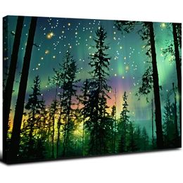 Aurora Canvas Wall Art Northern Lights Prints Forest Trees Landscape Picture Large Green Artwork for Home Decor Framed
