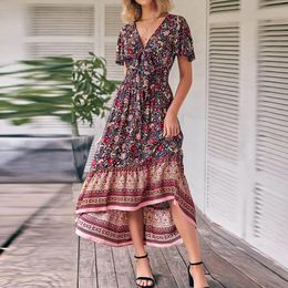 Boho Floral Print Long Dress Women Summer Beach Sundress Sexy Short Sleeve V Neck Ruffle Pleated Dress Bohemian Casual Dresses 240524