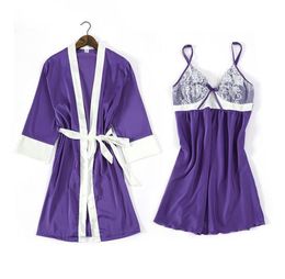 Women039s Sleepwear Purple 2PCS Satin Women Robe Suit Kimono Gown Sexy Strap Nightgown Cute Bow Night Dress With Bra Long Sleev3437270