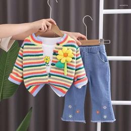 Clothing Sets Girls Korean Fashion Clothes Striped Sweatshirt Tops Flared Jeans 2Pcs For Kids Spring Autum Children
