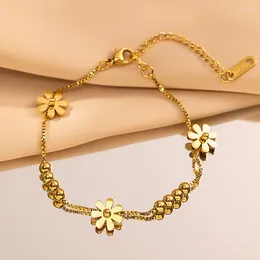 Charm Bracelets Korean Style Gold Colour Beads For Women Stainless Steel Daisy Flower Bracelet Girls Hand Chains Wrist Jewellery