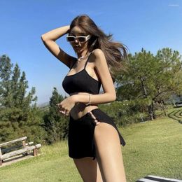 Women's Swimwear Women Sexy High Waist Bikini Set With Skirt Solid Korea Style Black Swimsuit Bathing Suit Micro Mini Top Tummy Control