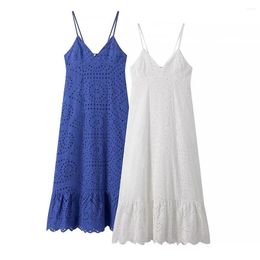 Casual Dresses 2024ZAR Spring/Summer Women's Fashion Slim Fit V-neck Open Back Lace Embroidered Strap Dress