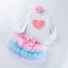 Clothing Sets 3Pcs Baby Clothes Birthday Outfits 3D Number/Heart O-Neck Long Sleeves Romper Tutu Skirt Headband For Girls 0-24 Months