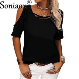 Sommerfrauen sexy hohl aus der Schulter T -Shirts Solid Color Casual Short Sleeve Oneck Pullovers Tops Fashion Street 240523