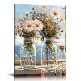 Bathroom Wall Art Blue Mason Jar Daisy Flower Modern Decor artwork Canvas Print Pictures For Gifts, Hanging in Office, Dining Room, Kitchen, Living Room, Bedroom