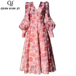 QHZ SpringSummer Designer Fashion Lantern Sleeve Dress long for women Vneck beaded vintage floral print Slim party midi dress 240528