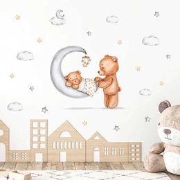 Wall Decor Cartoon Cute Teddy Bear Moon Stars Boho Wartcolor Nursery Vinyl Wall Stickers for Kids Baby Room Home Decoration d240528