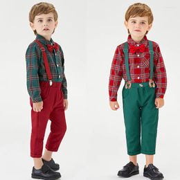 Clothing Sets Fashion Boy Clothes Long Sleeve Toddler Child Plaid Polo Collar Shirt Strap Pants 2Pcs Kids Baby Christmas 1-14Y