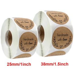 100/500PCS Kraft Paper Handmade With Love Stickers Round 25mm 38mm Baking Gift Label Stickers Thank You Stickers