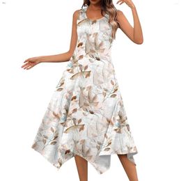 Casual Dresses Sundress Women Summer Dress Printing Sexy Midi Linen Loose Sleeveless Printed Irregular Hem