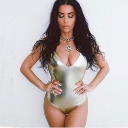 Gold Silver Metallic Finish Girls Bodysuit Open Back Summer V-neck Swimsuits One Piece Swimwear For Women Free Shipping Afoxo