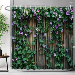 Shower Curtains Rustic Wooden Panel Garden Wall Curtain Green Plant Leaf Enclosure Fence Polyester Bathroom Decor