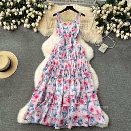 Fragmented flower dress womens seaside vacation style travel outfit camisole skirt French sweet and high-end feeling ruffle edge long skirt