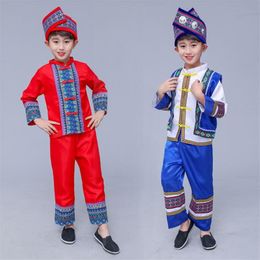 Stage Wear Kids Chinese Ancient Hmong Miao Costume Boys Print Folk Hanfu Dress Clothing Set Traditional Festival QERFORMANCE WearStage 209v