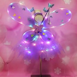 EDCRFV Women Girls Cute Role Playing Flashing Wing Tutu Skirt LED Glow Headband Fairy Stick Christmas Halloween Cosplay Costume